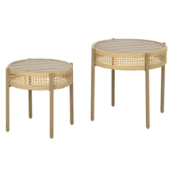 Unbranded 2-Piece Wicker Outdoor End Table Set Round Coffee Table Set with Slatted Metal Top, Natural