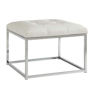 White and Silver Leatherette Metal Frame Ottoman with Tufted Seating