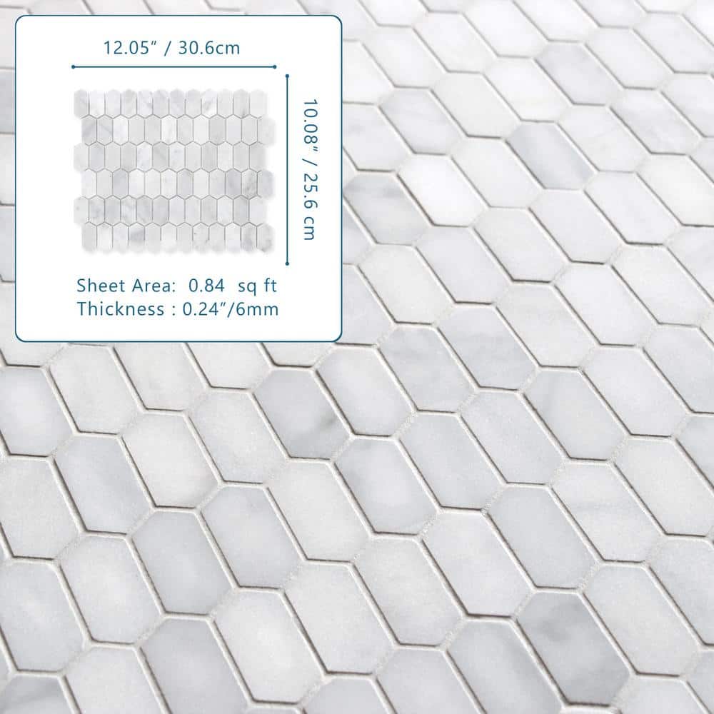 12" x 10" White Carrara Marble Hexagonal Mosaic Tile