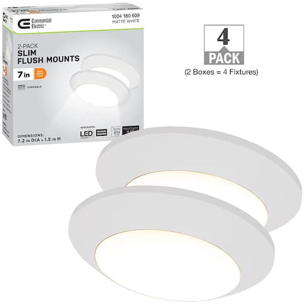 Commercial Electric 7.2 in. Matte White Slim LED Flush Mount 854LM 12.5-Watt Soft White 3000K Bedroom Closet Kitchen Lighting (4-Pack)