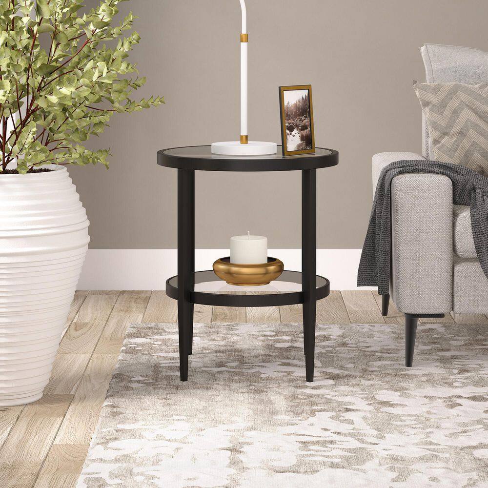 Blackened Bronze Round Metal and Glass Side Table