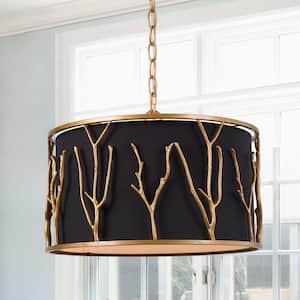 Brushed Vintage Gold Drum Chandelier with Black Fabric Shade 4-Light Classic Dining Room Branch Hanging Ceiling Light