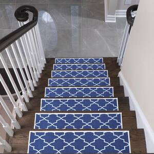 Lattice Design 9" X 28" Stair Treads - 70 % Cotton Carpet for Indoor Stairs-with Double Adhesive Tape-Safe, 13-Pack-Navy