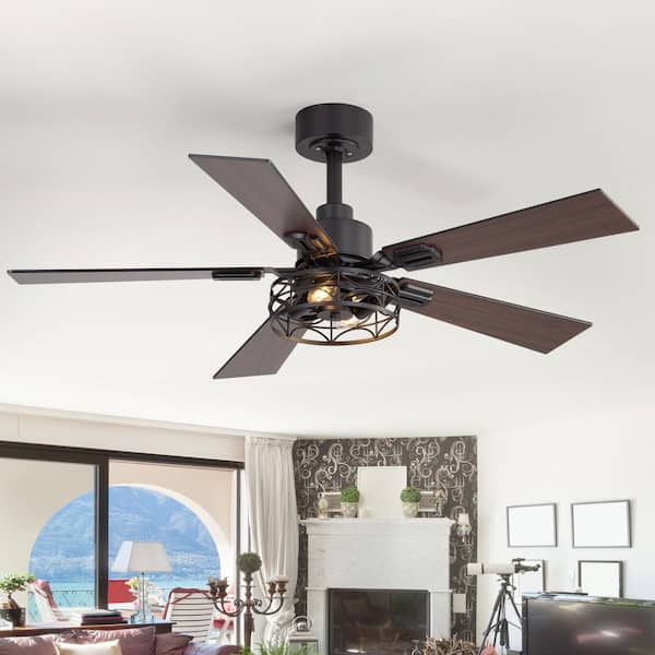 42 in. Black Farmhouse Ceiling Fan with Caged Light Kit, Downrod, Black/Brown Blade and Remote Control Included
