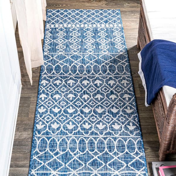Kafel Tribal Bohemian Blue/Ivory 2 ft. x 10 ft. Indoor/Outdoor Runner Rug