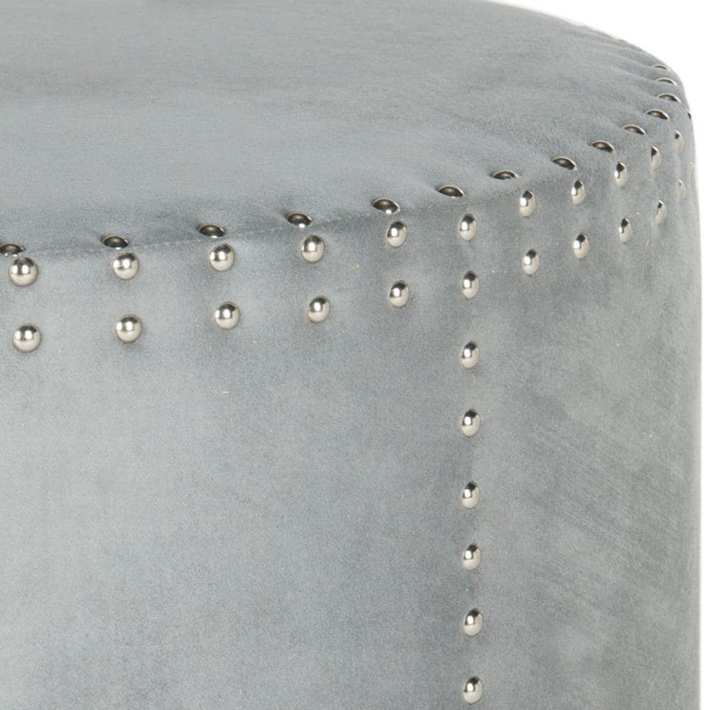 Transitional 34'' Gray Velvet Round Cocktail Ottoman with Nailhead Trim