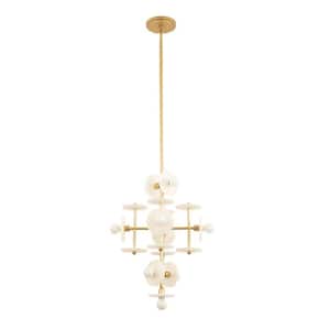 Amani 20 in. W x 26.375 in. H 9-Light Gold Mid-Century Modern Chandelier with Alabaster Stone Discs