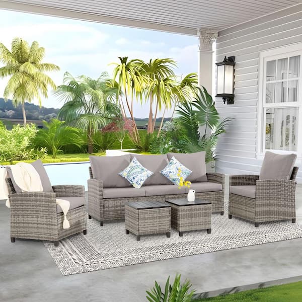 Gray Wicker 6-Piece Outdoor Sectional Set with Gray Cushions
