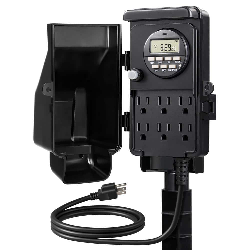 Black Heavy Duty Outdoor Digital Power Stake Timer with 6 Outlets