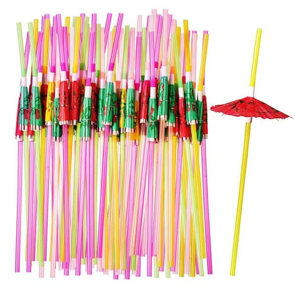 Disposable Plastic Mini Umbrella Straws for Hawaiian Beach Cocktail Luau Party Decor, Cocktail, Drinking (50-Pack)