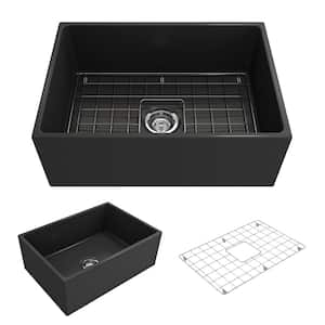 Contempo Farmhouse Apron Front Fireclay 27 in. Single Bowl Kitchen Sink with Bottom Grid and Strainer in Matte Dark Gray