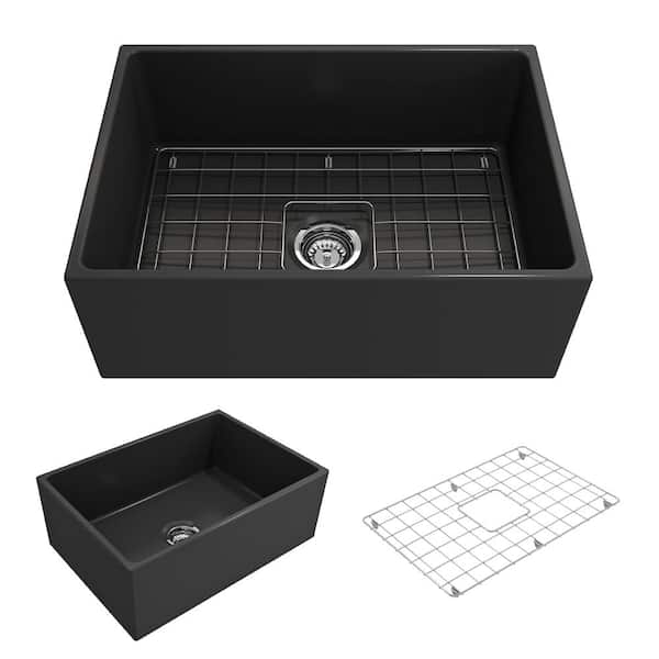 BOCCHI Contempo Farmhouse Apron Front Fireclay 27 in. Single Bowl Kitchen Sink with Bottom Grid and Strainer in Matte Dark Gray