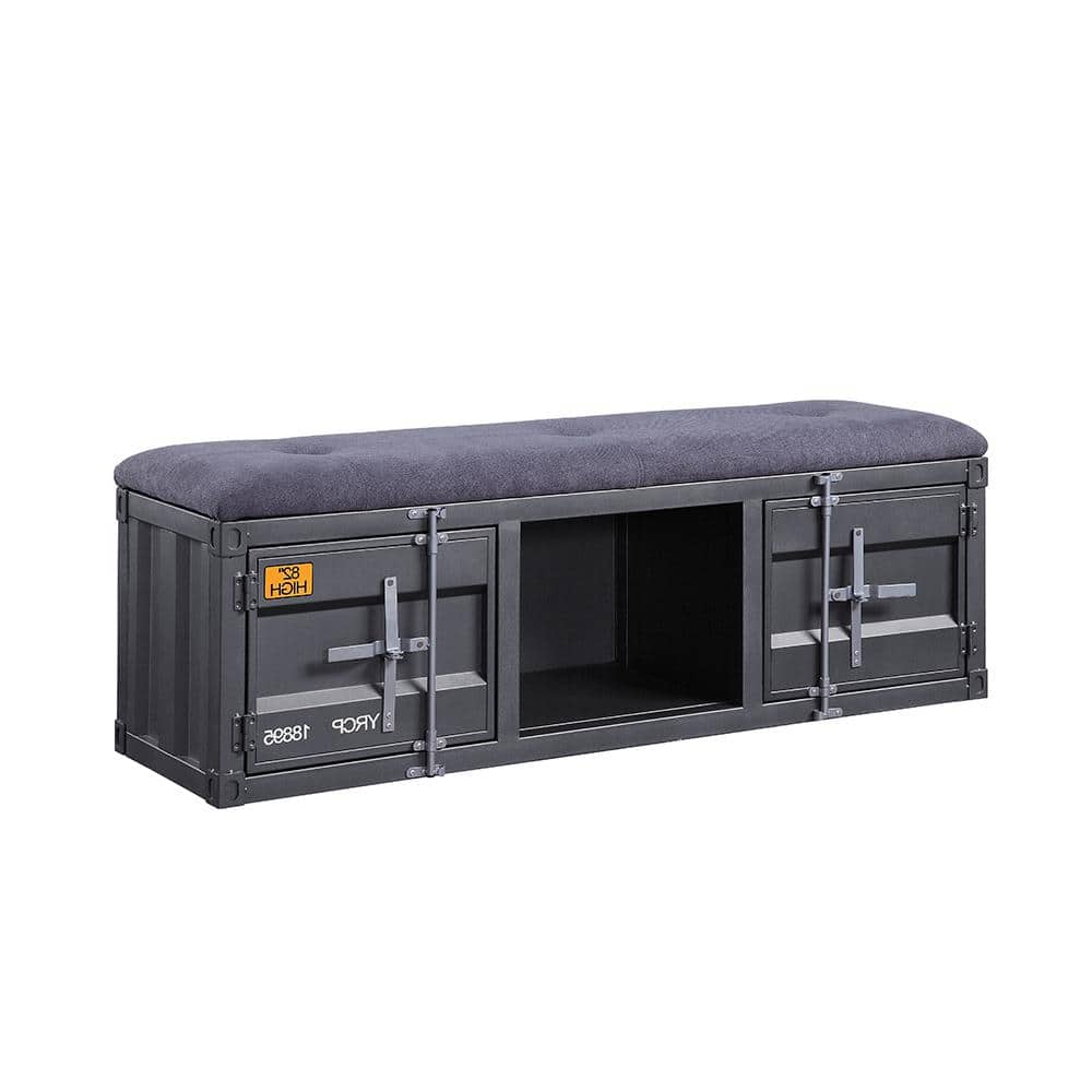 Contemporary Gray Fabric Cargo Storage Bench, 56" Gunmetal Accents