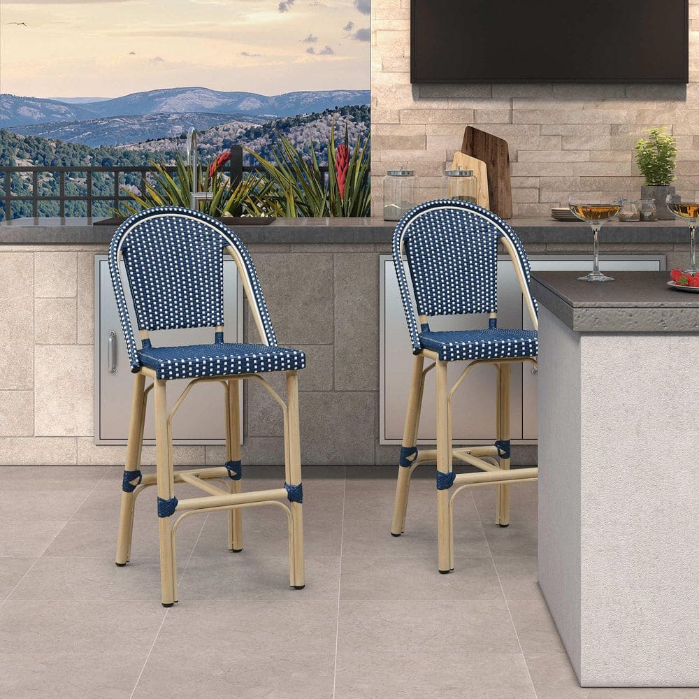 French Bar Height Bar Stool Set of 2 Patio Bar Chairs with Back Rattan Bar Chairs French Bistro Set