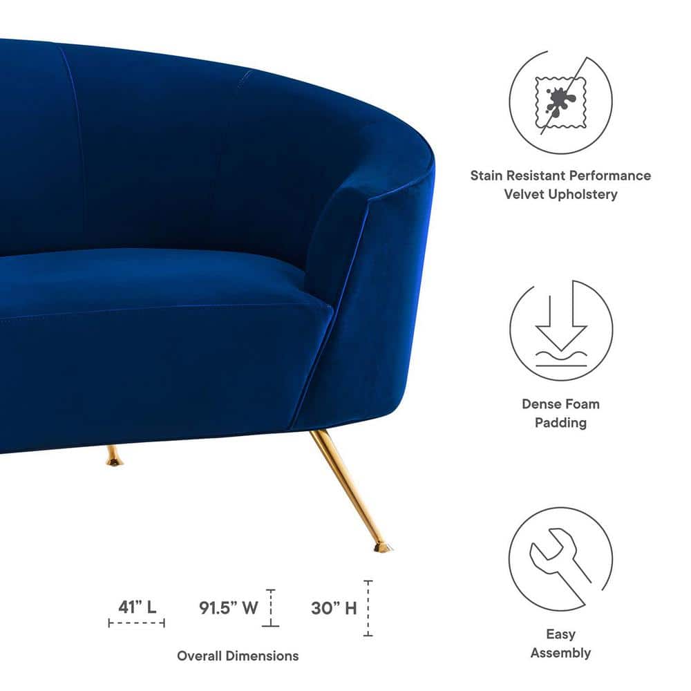 Navy Velvet Curved Sofa with Gold Legs and Sloped Arms