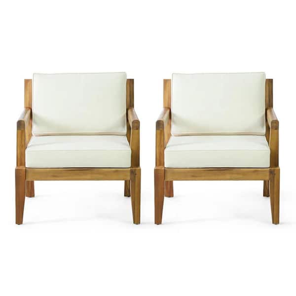 Teak Wood Outdoor Lounge Chair Club Chairs with Beige Cushions (2-Pack)