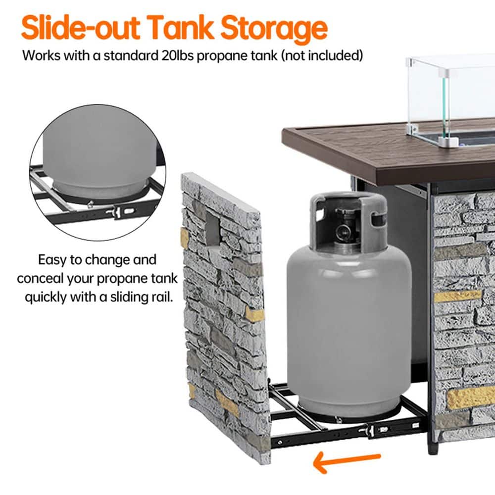 43" Gray Stone Propane Fire Pit Table with Glass Wind Guard