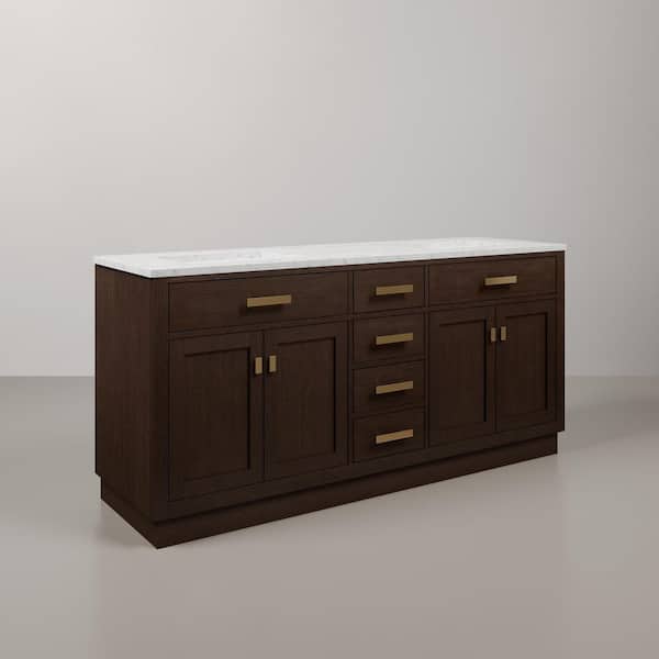 Chestnut 72 in.W x 21.5 in.D x 34.2 in.H Double Sink Bath Vanity in Brown Oak with Carrara White Marble Top and Mirrors