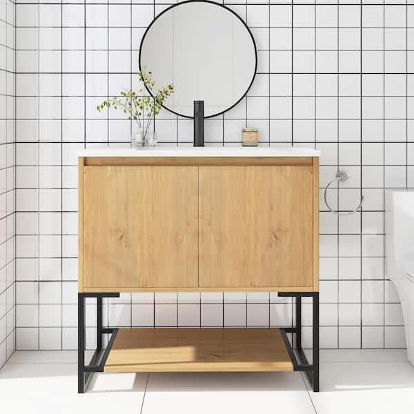Unbranded Allen 36 in. W x 19 in. D x 34 in. H Single Sink Freestanding Bathroom Vanity in Oak with White Solid Surface Top