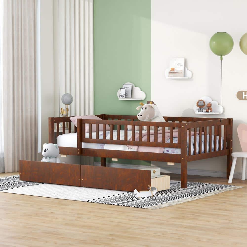 Walnut Twin Size Wood Platform Bed with Full-Length Guardrail and 2-Drawers