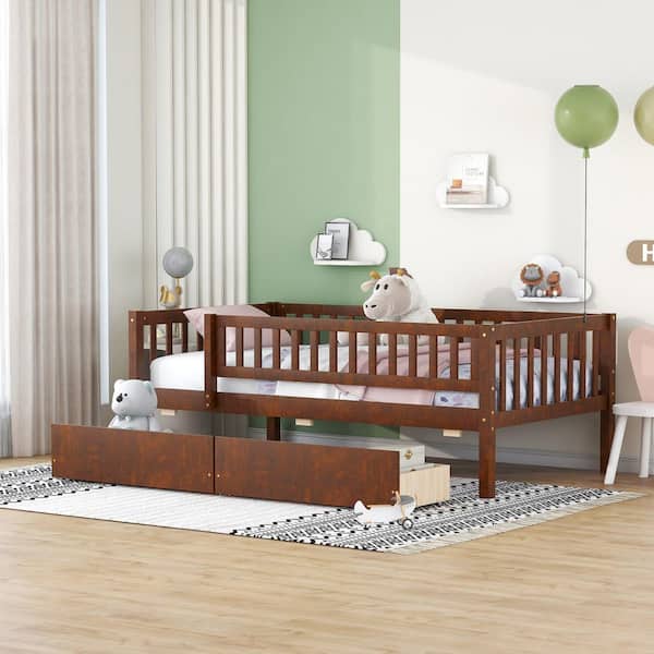 Harper & Bright Designs Walnut Twin Size Wood Platform Bed with Full-Length Guardrail and 2-Drawers