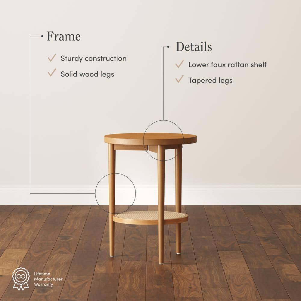 Honey Brown Round Wood Side Table with Rattan Shelf