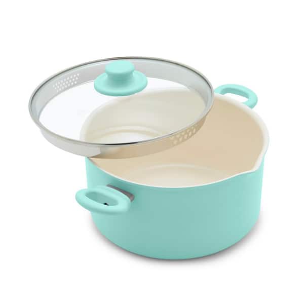 GreenLife Soft Grip 6 qt. Ceramic Nonstick Stockpot with Glass Straining Lid in Turquoise
