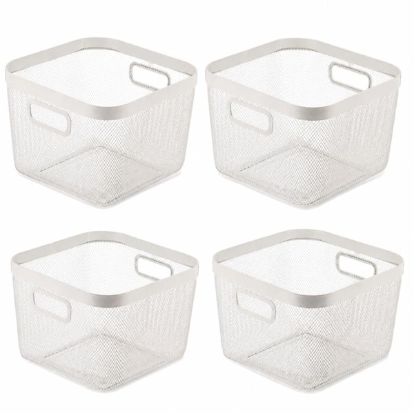 4-Piece White Metal Mesh Steel Basket Set with Hollow Handles, Square Wire Mesh Open Bin for Kitchen Bathroom Picnic Sh