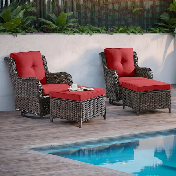 moosprr 4-Piece Brown Wicker Outdoor Swivel Glider with Red Cushions and Matching Ottomans Rocking Chairs for Patio or Garden