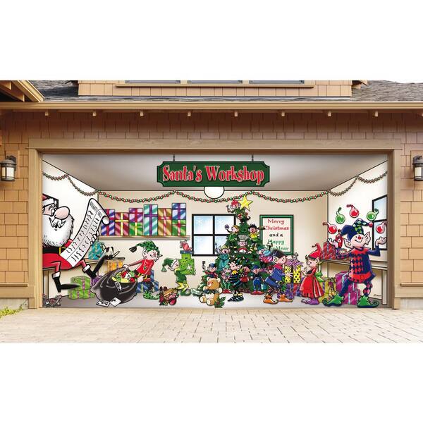 My Door Decor 7 Ft X 16 Ft Santa S Workshop Christmas Garage Door Decor Mural For Double Car Garage 285905xmas 006 The Home Depot