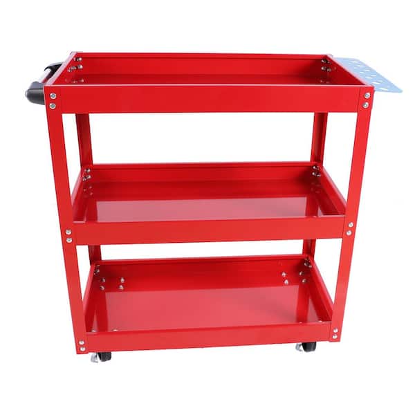 Tileon 3 Tier Tool Cart on Wheels 450 lbs. Heavy-Duty Steel Utility Cart with Lockable Wheels for kitchen Garage Warehouse, Red