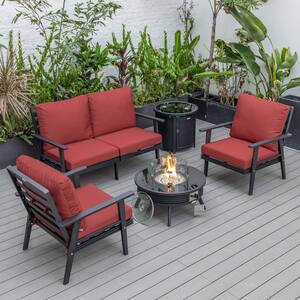 Walbrooke Black 5-Piece Aluminum Round Patio Fire Pit Set with Red Cushions, Slats Design and Tank Holder