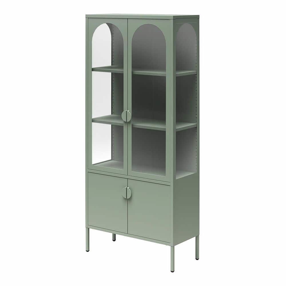 Pale Green Tall Metal Display Cabinet with Arched Glass Doors