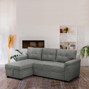 84.64 in. Velvet L-Shaped Sleeper Sectional Sofa with Square Arms in. Gray, Reversible Chaise, and Pull-out Sofa Bed