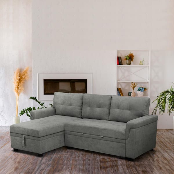 84.64 in. Velvet L-Shaped Sleeper Sectional Sofa with Square Arms in. Gray, Reversible Chaise and Pull-Out Bed