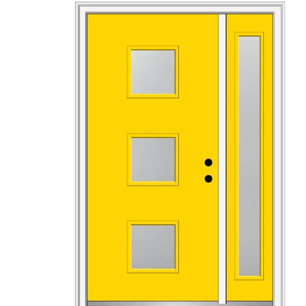 MMI Door 53 in. x 81.75 in. Aveline Frosted Left-Hand 3-Lite Modern Painted Fiberglass Smooth Prehung Front Door with Sidelite