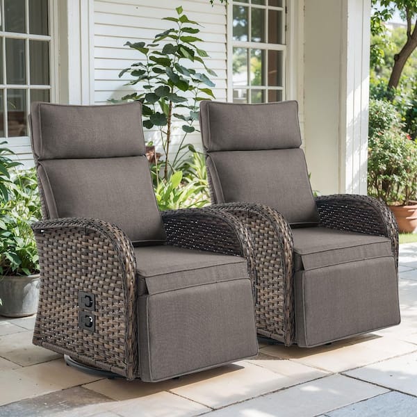 Brown 2-Piece Wicker Outdoor Recliner with Olefin Gray Cushions and Flat Armrests Patio Swivel Chairs