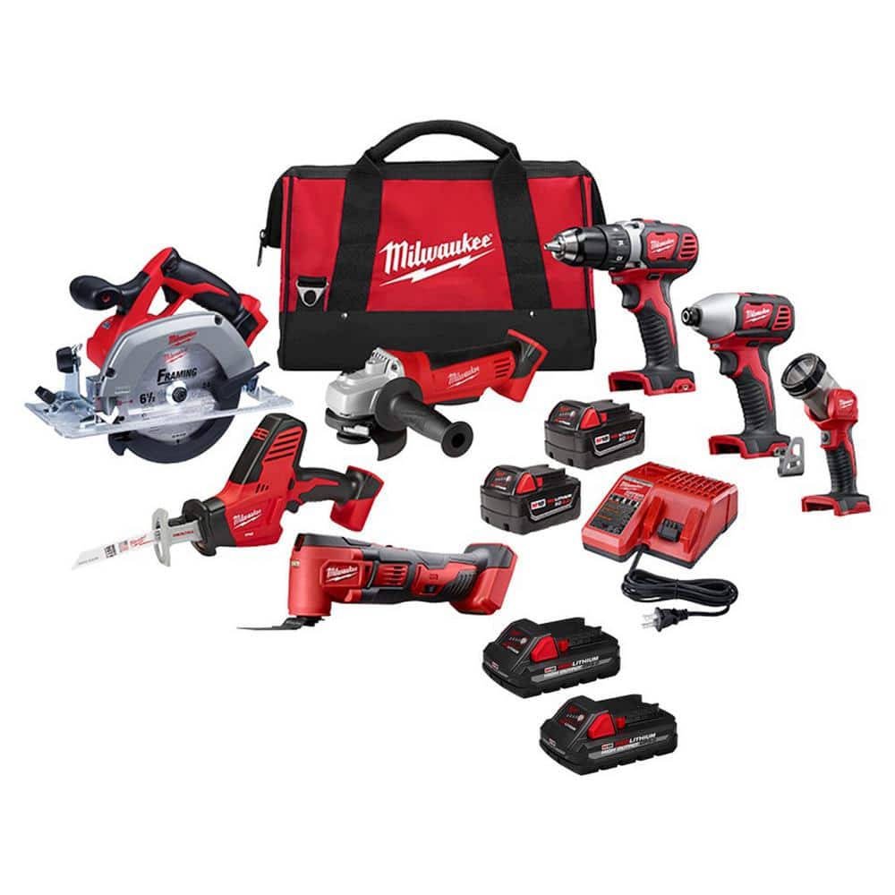 Milwaukee M18 18V Lithium-Ion Cordless Combo Tool Kit (7-Tool) with (4) 3.0 Ah Batteries, Charger and Tool Bag -  2695-27S-4