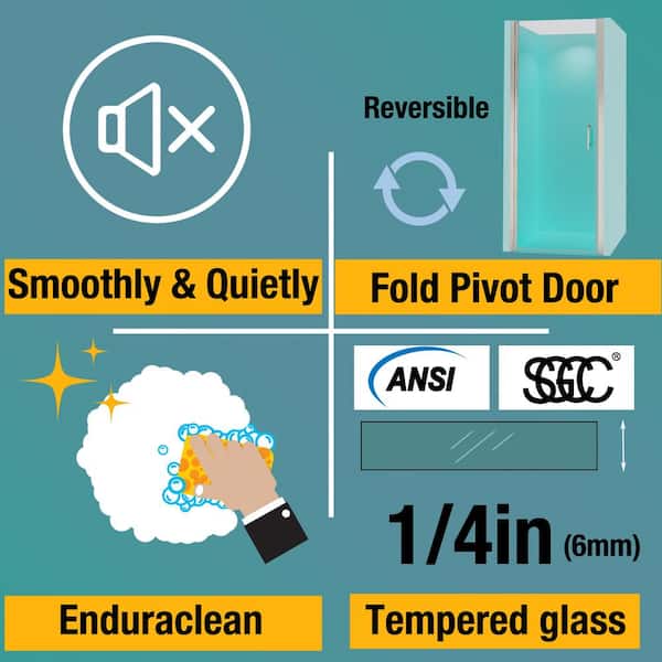 Fold 34-35 in. W x 72 in. H Pivot Frameless Shower Door in Nickel Swing Corner Shower Panel with Clear Glass