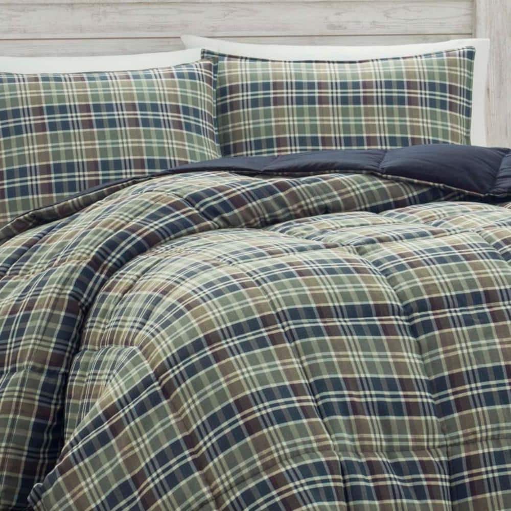 Full Navy Plaid Reversible Microfiber Comforter Set