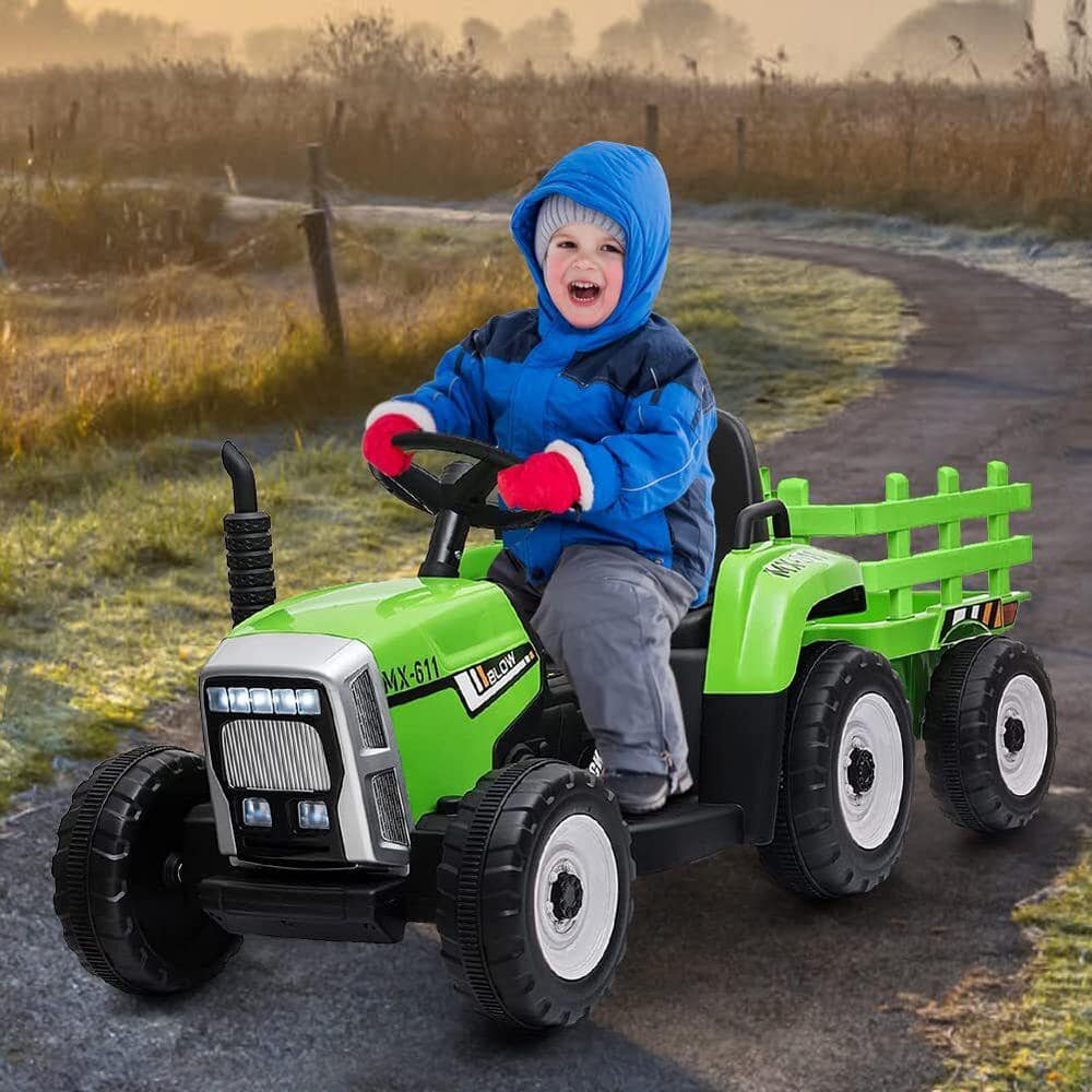 Green 12V Electric Ride-On Tractor with Trailer and Remote Control