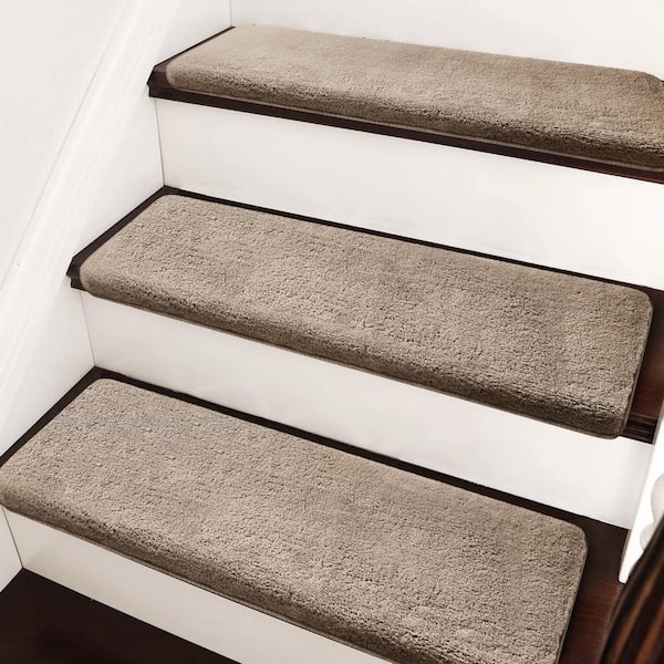 Plush Cream Gray 9.5 in. x 30 in. x 1.2 in. Bullnose Indoor Stair Tread Cover Tape Free Non-slip Carpet Set of 14