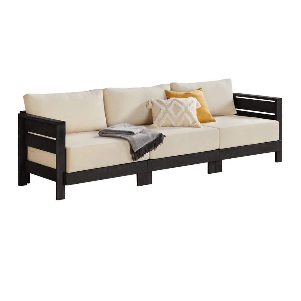 100x36x32 in. Eucalyptus Wood Outdoor Patio Sofa, Black Weather-Resistant Outdoor Couch with Thick Cream Cushions