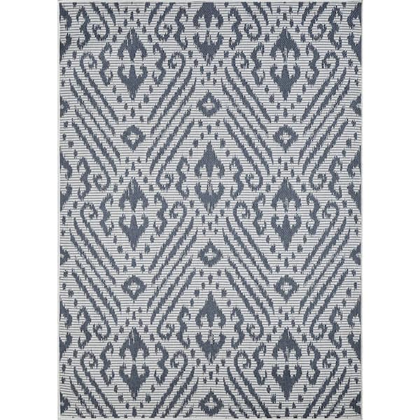 Breyleigh Calitrah Cream/Blue 5 ft. 3 in. x 7 ft. 3 in. Ikat Polypropylene Indoor/Outdoor Area Rug