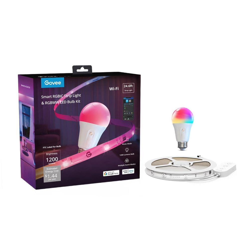 Govee RGBIC Smart Integrated LED 24.6 ft. Strip Light with 36 Watt  Equivalent RGBWW Smart Light Bulb H1011AD1 - The Home Depot, image size:1000x1000