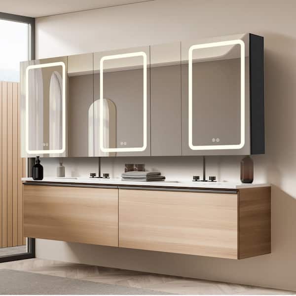 Zeafive 80 in. W x 30 in. H Rectangular Black Aluminum Anti-Fog 3-Color Dimmable Lighted Bathroom Medicine Cabinet with Mirror