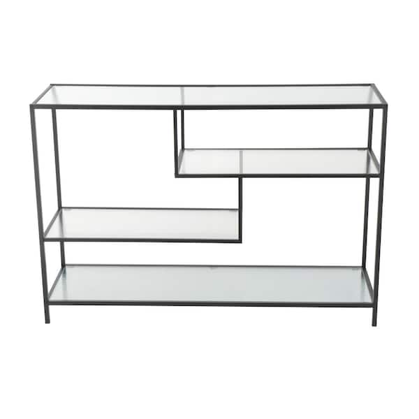 Litton Lane 32 in. Tall Black Iron Stationary Shelving Unit Bookcase with Clear Glass Shelves