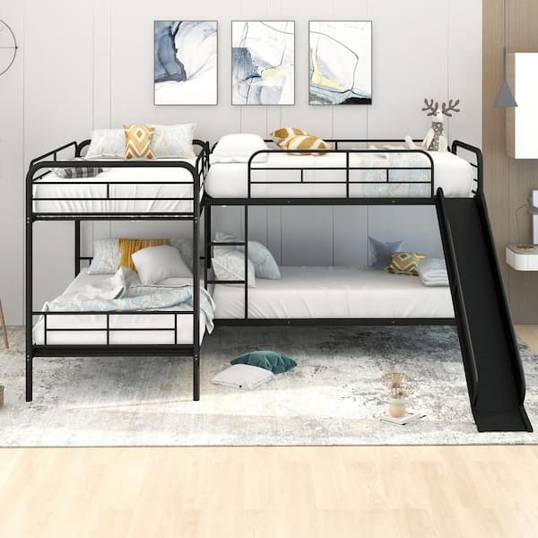Qualler Black Twin Size L-Shaped Bunk Bed with Slide and Ladder