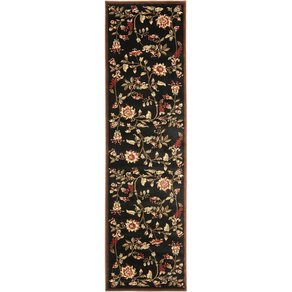 Black Floral Synthetic Runner Rug, 2'3" x 8'