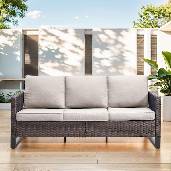 U-Shaped Foot 3-Seat Brown Wicker Outdoor Patio Couch with Beige Cushions